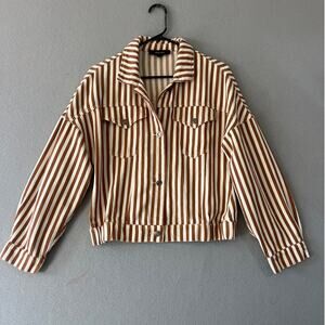 Miss Love Jacket Women's Medium Cream Brown Stripe Button Cropped Boho